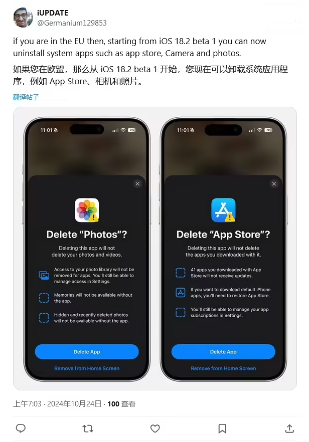 姜堰苹果手机维修分享iOS 18.2 支持删除 App Store 应用商店 