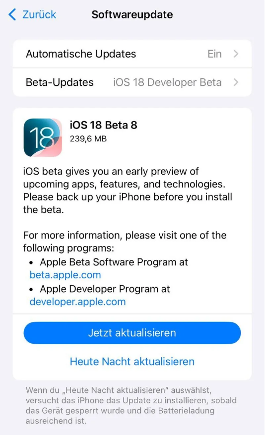 姜堰苹果手机维修分享苹果 iOS / iPadOS 18 开发者预览版 Beta 8 发布 